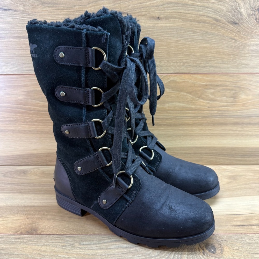 Sorel Emelie Lace Up Boots Womens 8 Black Waterproof Leather Gorpcore Outdoor - Picture 2 of 11